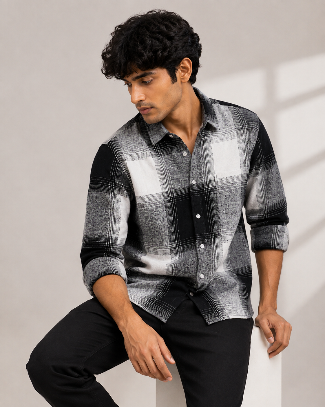 Black and white check overshirt - front seated view