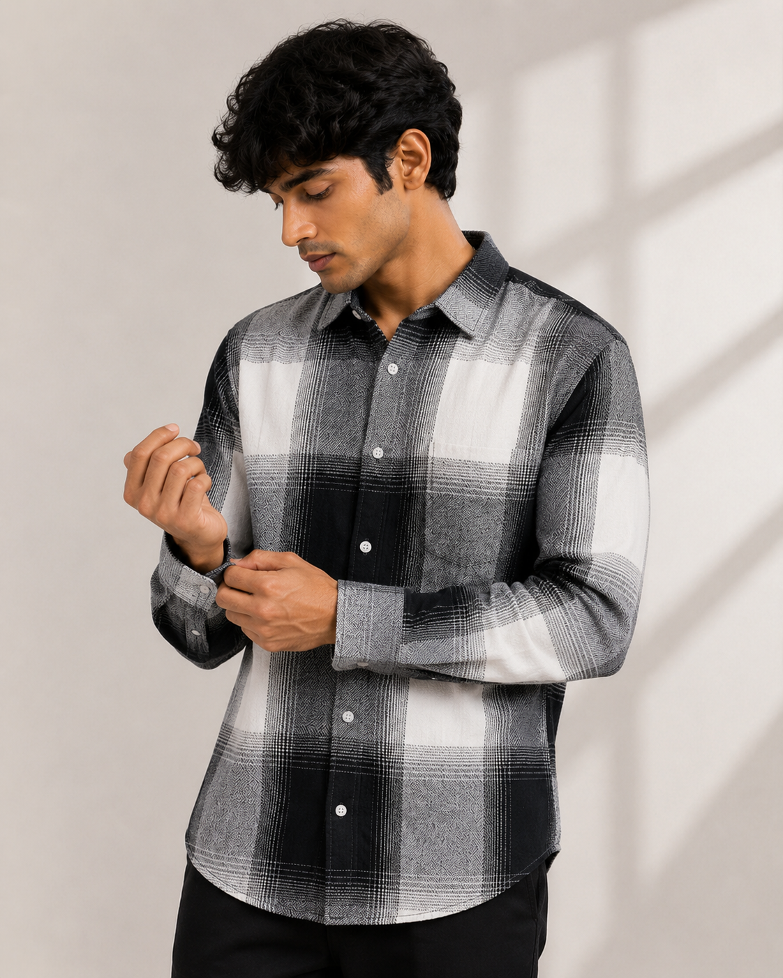 Black and white check overshirt - cuff detail view