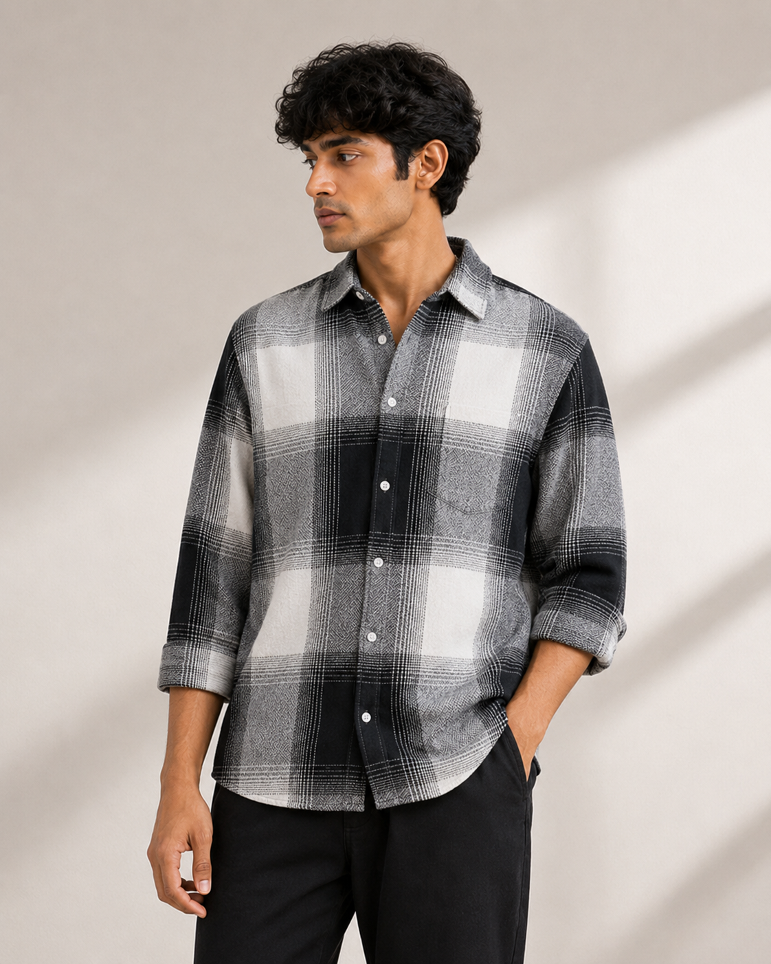 Black and white check overshirt - relaxed front view