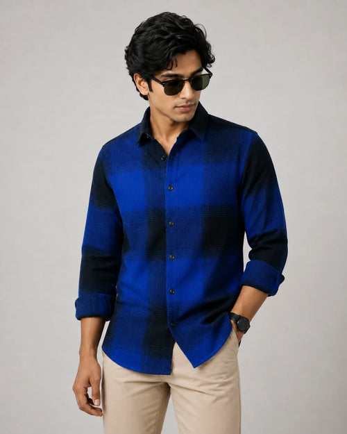 Blue and black check overshirt - back view