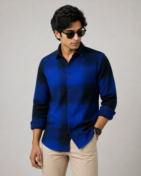 Blue & Black Plaid Boxy Fit Overshirt for Men