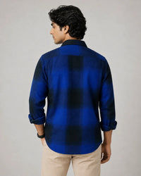 Blue and black check overshirt - front collar detail view