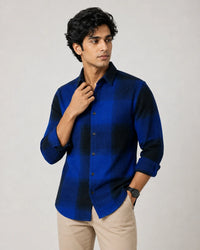 Blue and black check overshirt - full length front view