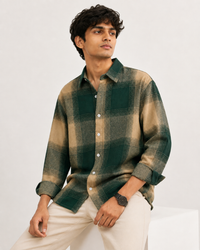 Green check overshirt - front view with sunglasses
