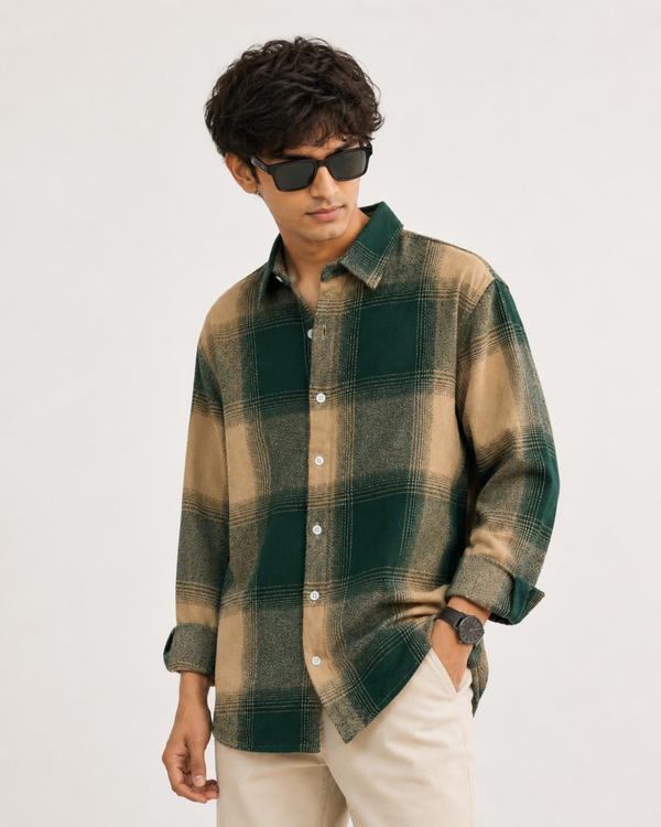 Green & Beige Plaid Boxy Fit Overshirt for Men