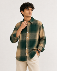Green check overshirt - collar detail front view