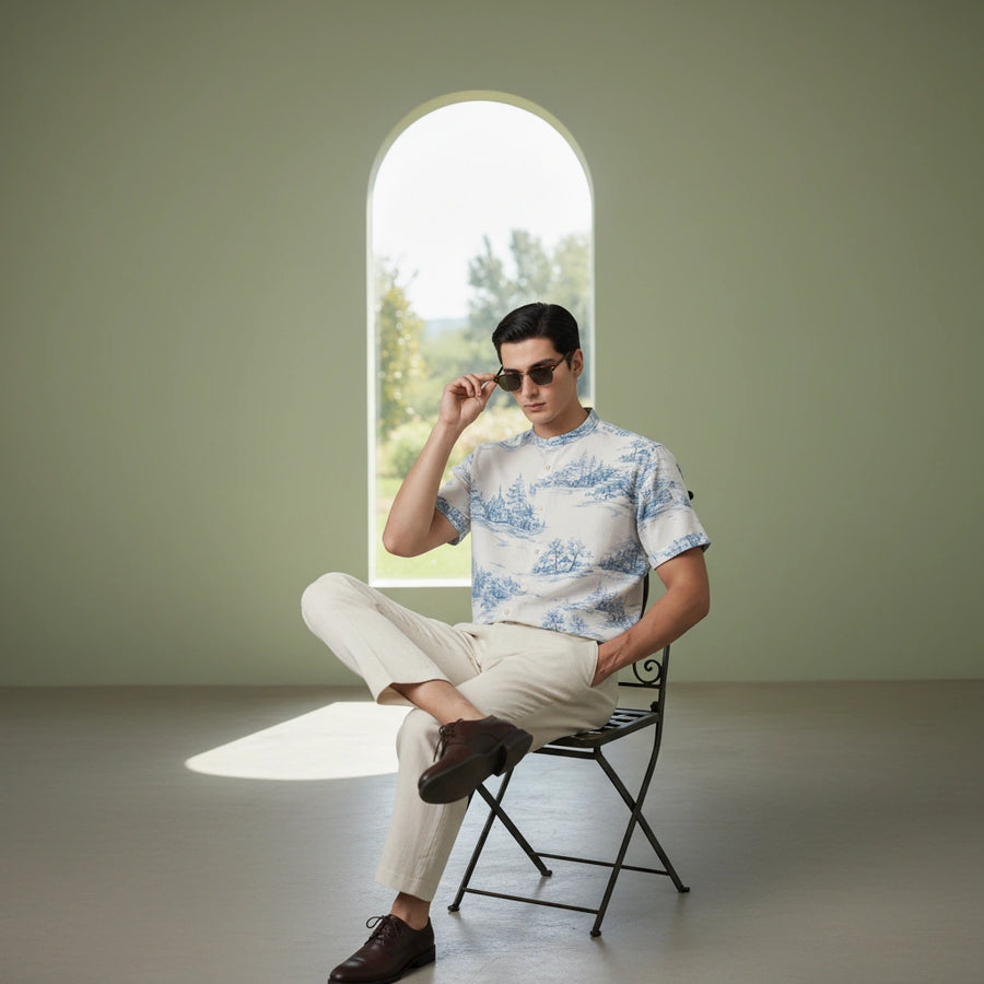 Man sitting on a chair in a room with a large window, wearing a patterned shirt and sunglasses.