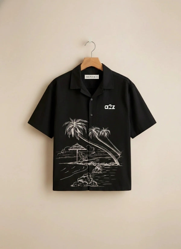Black polo shirt with white graphic design on a beige background