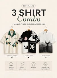 Three shirts on hangers with labels for 'Botanical Bloom', 'Graphic Edge', and 'Wild Horizon' on a light background.