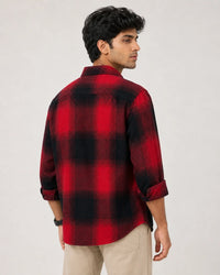 Red and black check overshirt - full length front view