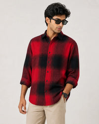 Red and black check overshirt - back view