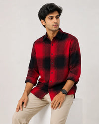 Red and black check overshirt - front view with sunglasses