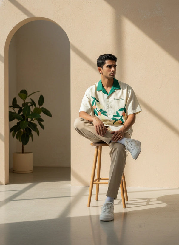 Tropical Bloom Camp Collar Shirt – Off White & Emerald Green
