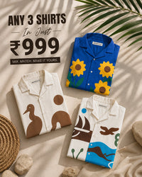 Three shirts with unique designs on a textured surface with a leafy background.