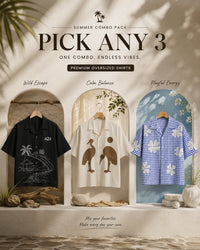 Promotional image of three oversized shirts with a neutral background and text overlay.
