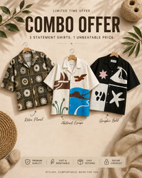 Three statement shirts with different designs on a beige background, featuring a combo offer text.